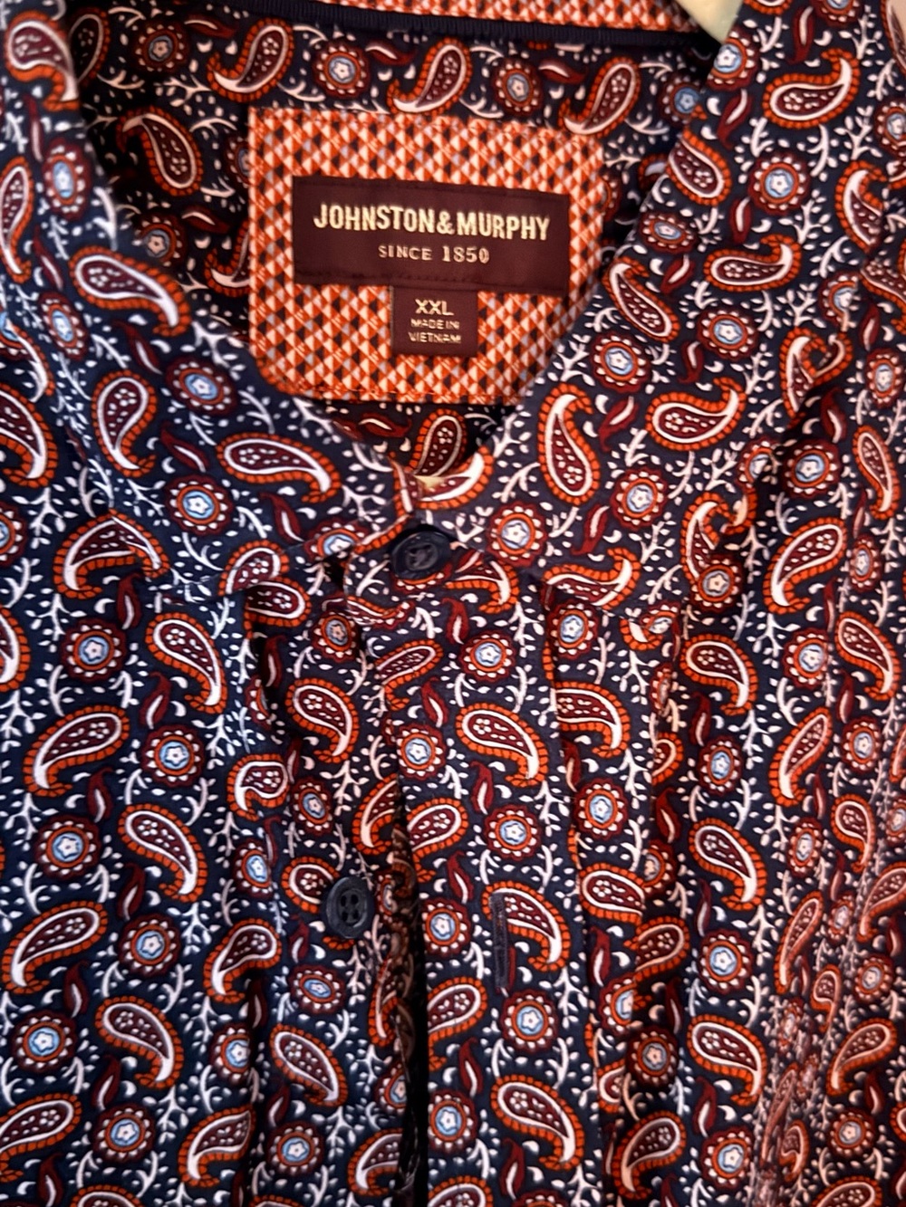 Johnston & Murphy Navy and Orange Paisley Button-Down Shirt